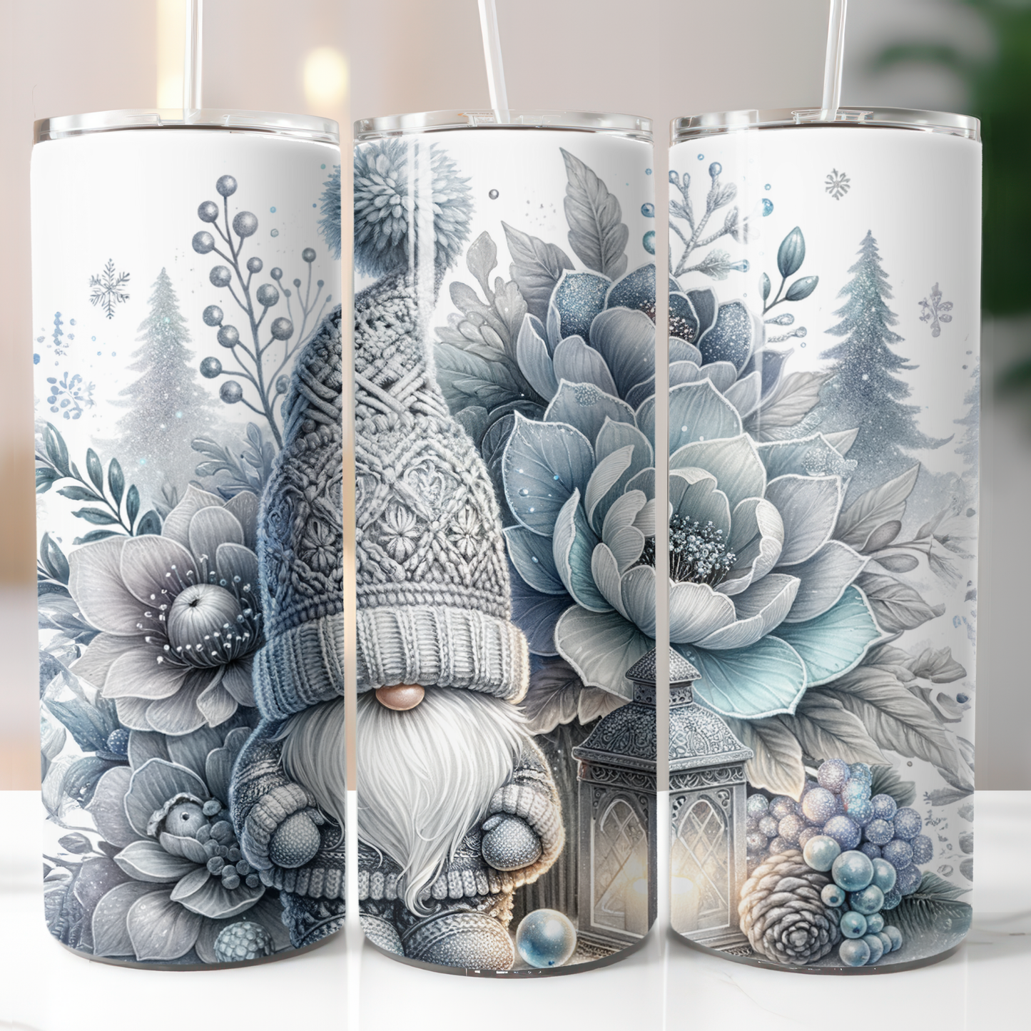 Silver Christmas Gnome Lantern Large Blue Flower