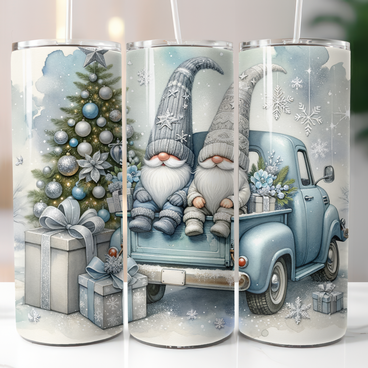 Silver Christmas Gnome Blue Truck