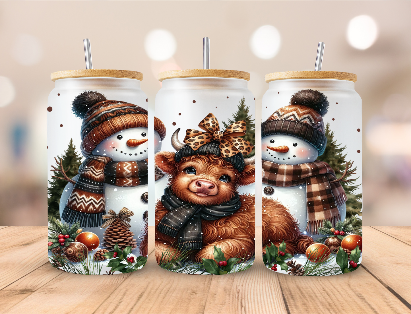 Christmas Snowman Highland Cow Libbey Glass Transfer