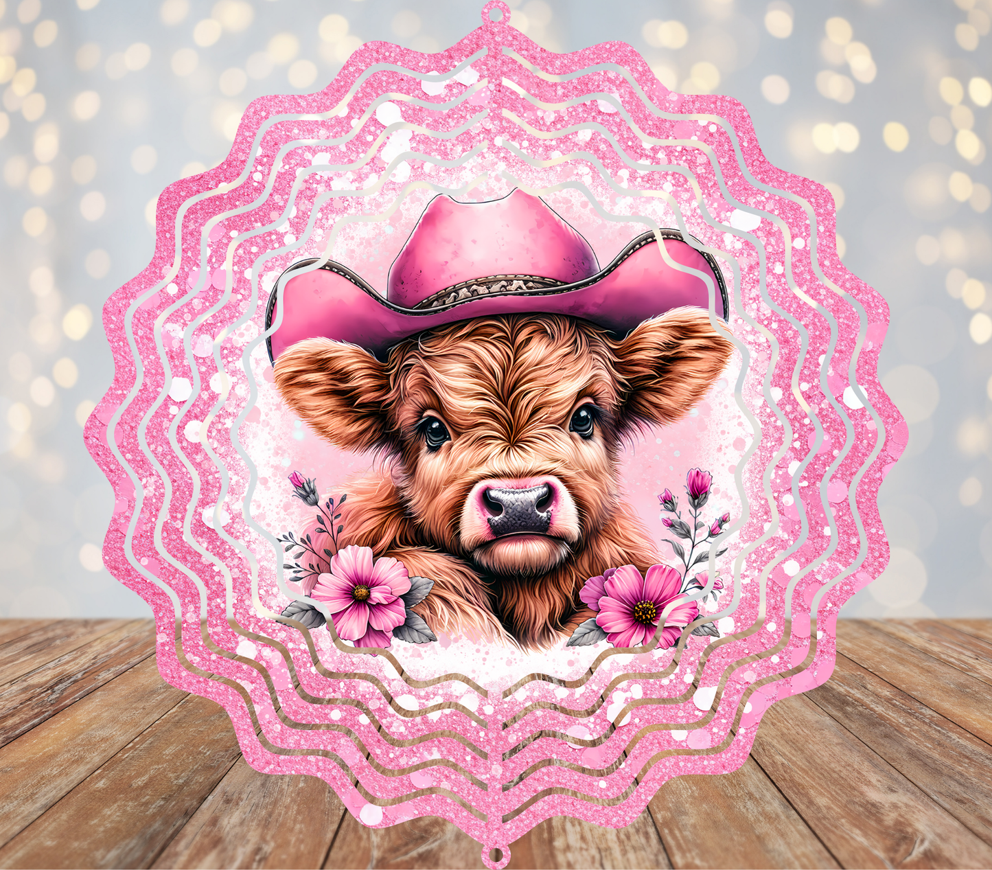 Pink Cowboy Hat Highland Cow Wind Spinner