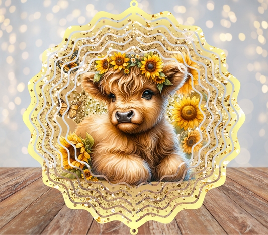 Highland Cow Yellow Sunflowers Wind Spinner