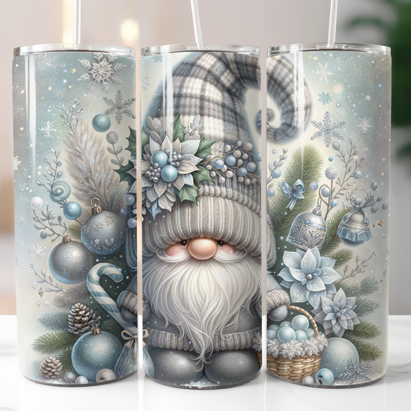 Silver Christmas Gnome Basket of Blue Ornaments