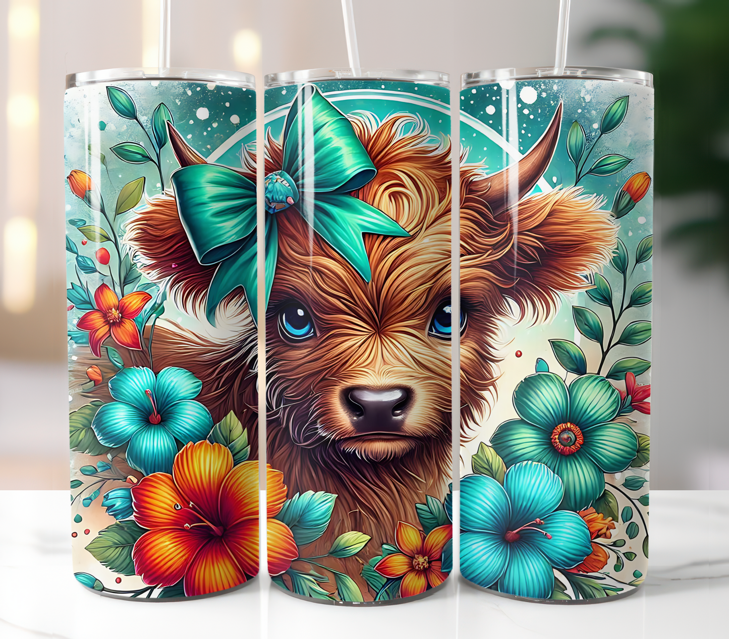 Brown Highland Cow Teal Sublimation Transfer