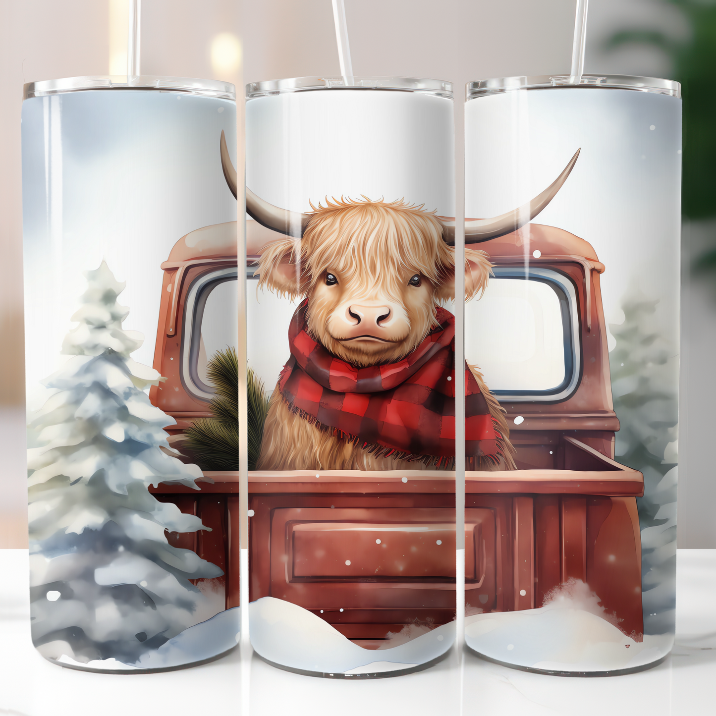 Christmas Highland Cow Red Truck, Sublimation Prints