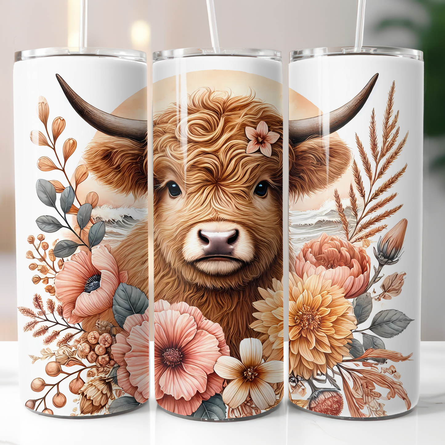 Boho Floral Highland Cow Sublimation Transfer