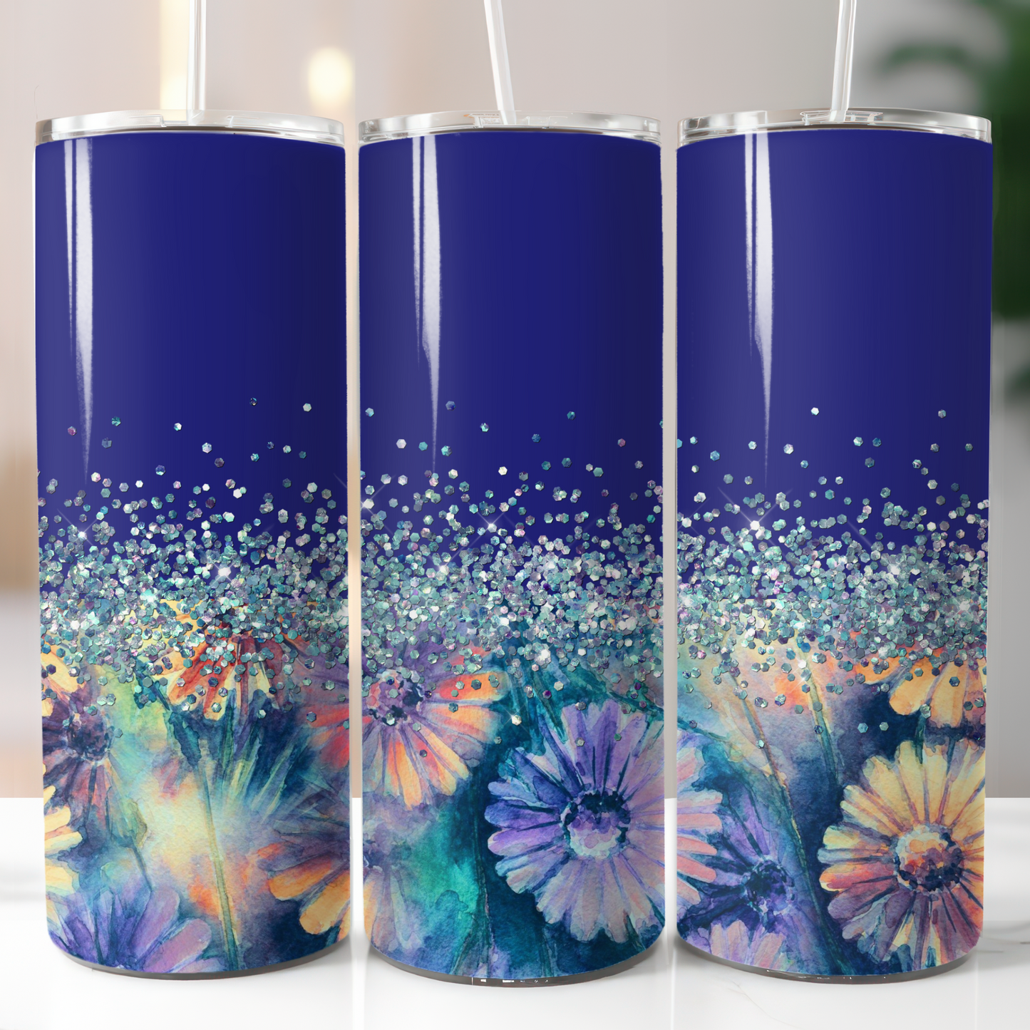 Blue Flower Glitter Sublimation Transfer