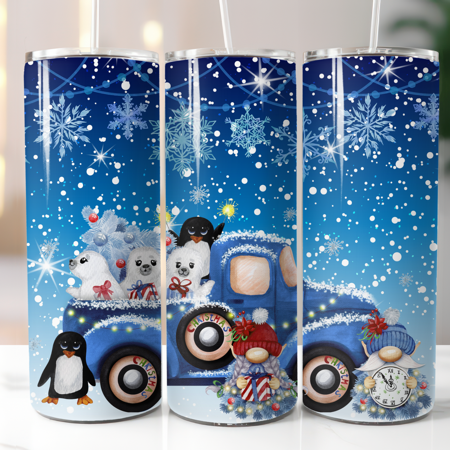 Christmas Penguins Blue Truck, Sublimation, Ready To Press, Print Out Transfer, 20 oz, Skinny Tumbler Transfer, NOT A DIGITAL