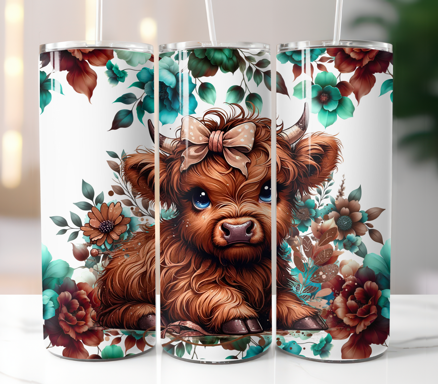 Brown Highland Cow Floral Sublimation Transfer