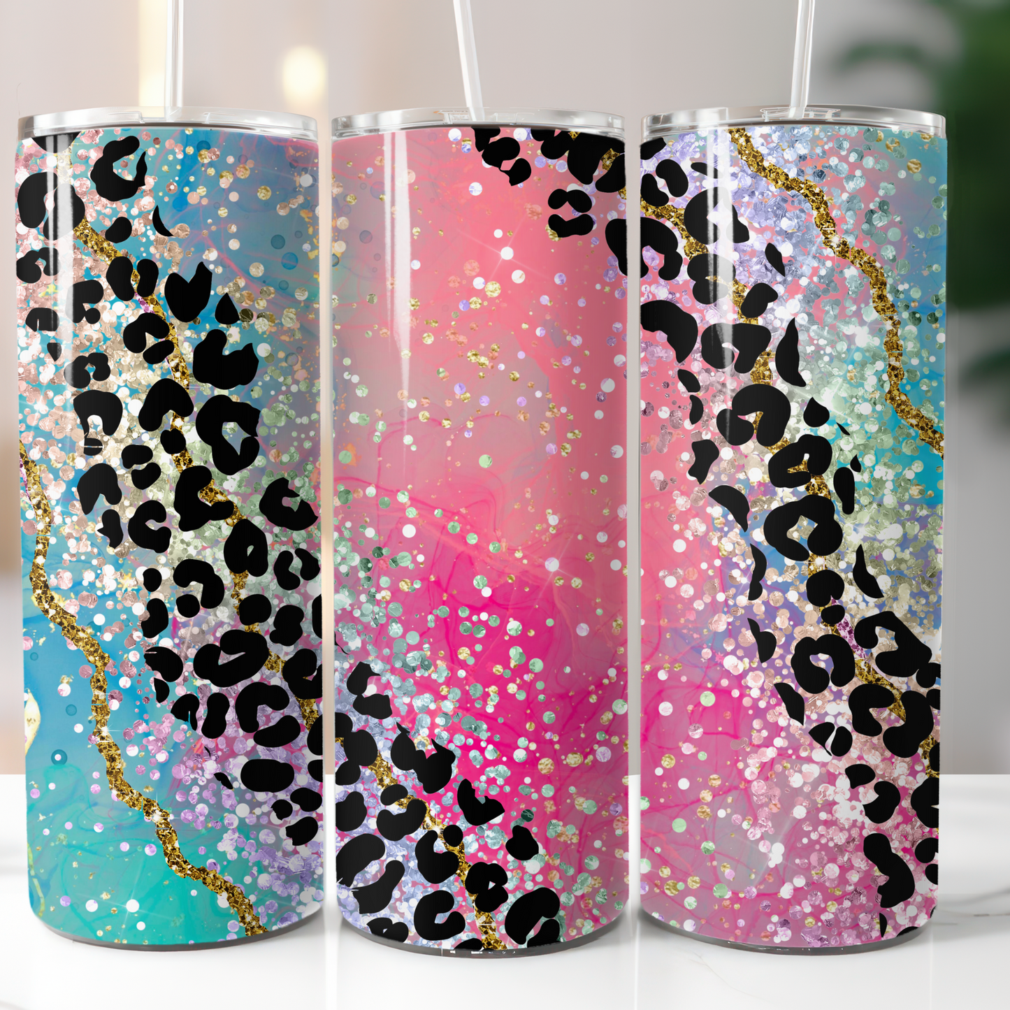 Pink Blue Glitter Leopard Sublimation Transfers