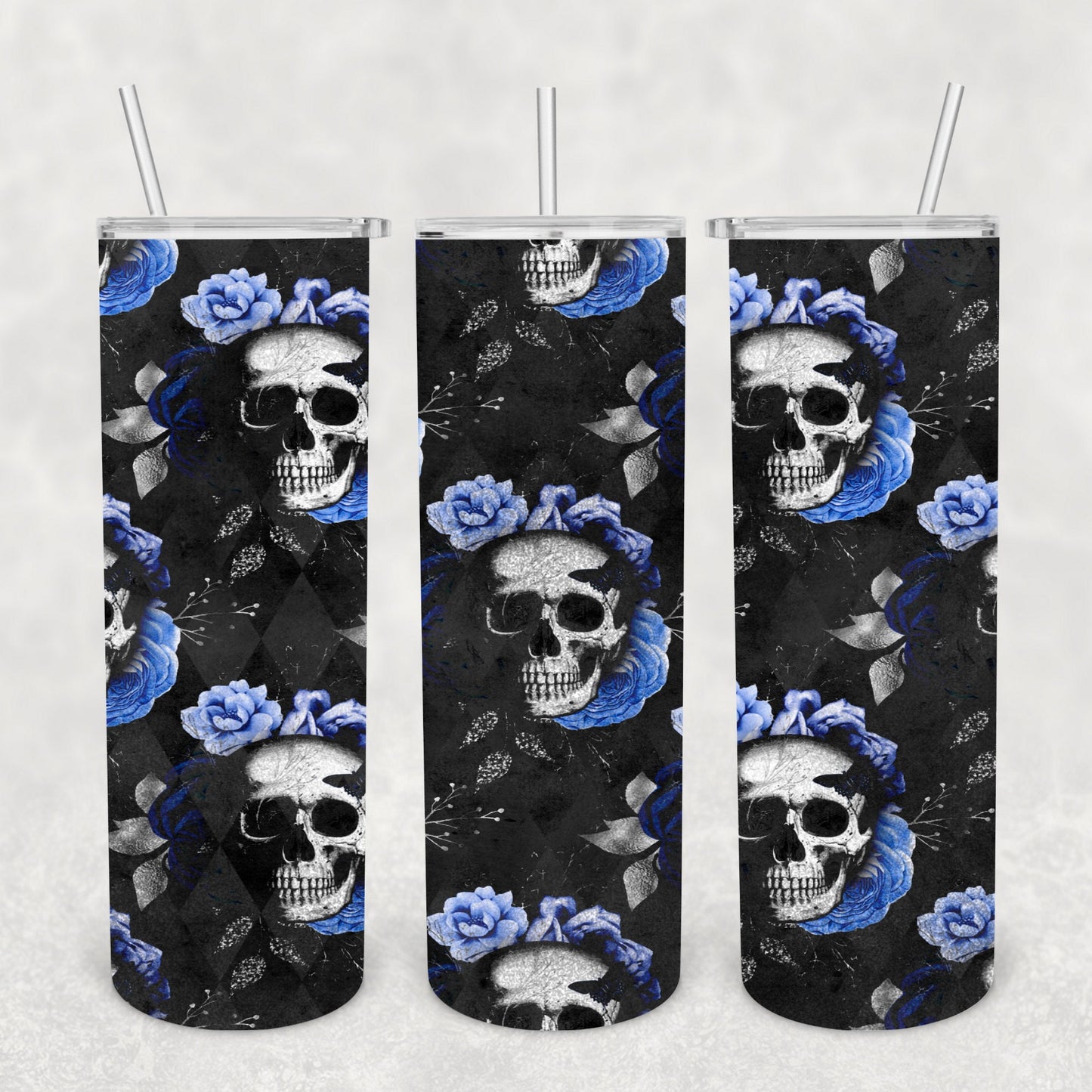 Skull Blue Flowers, Sublimation, Ready to Print, Ready To Press, Print Out Transfer, 20 oz, Skinny Tumbler Transfer, NOT A DIGITAL