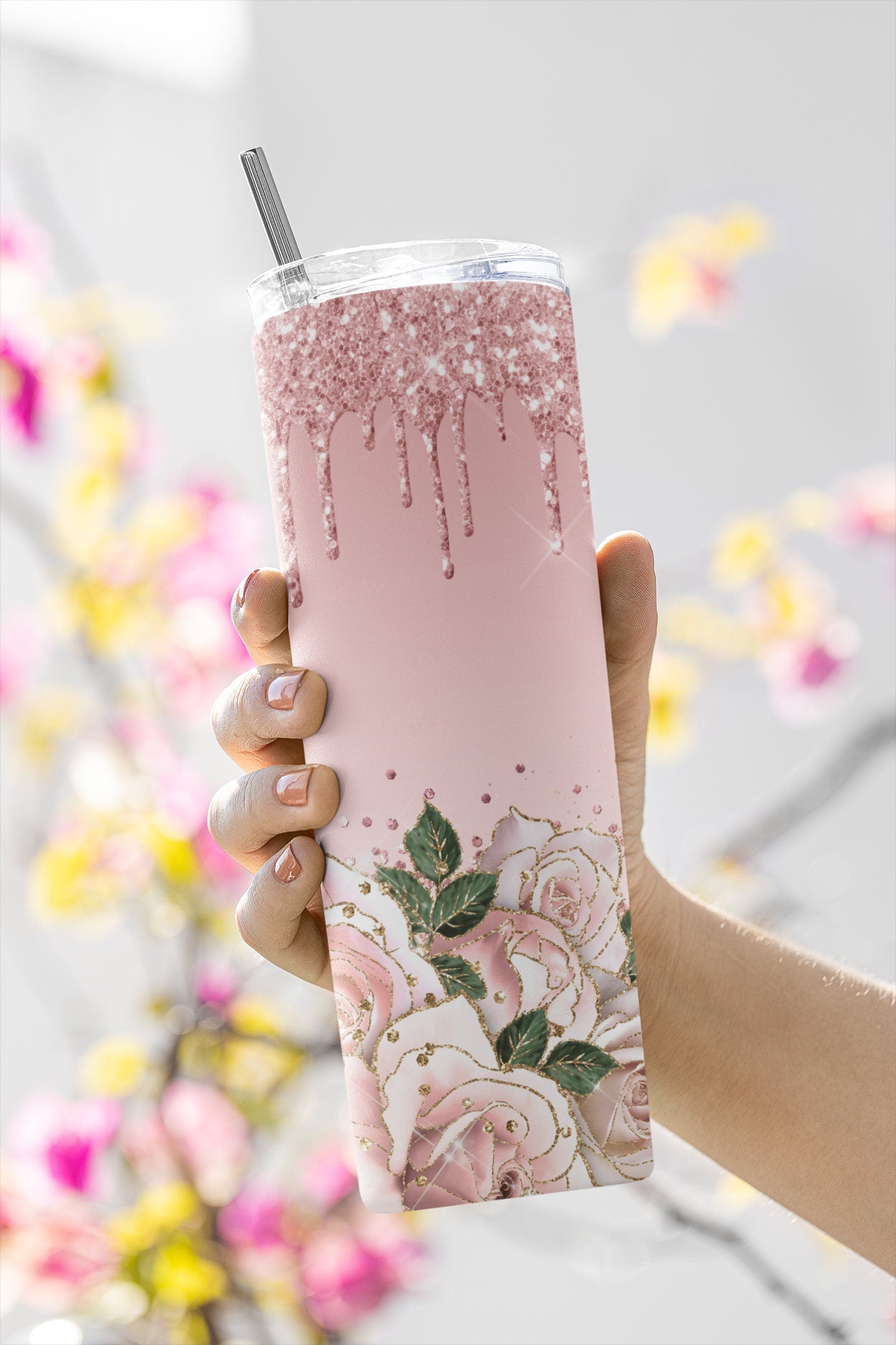 Pink Glitter Stainless Steel Sublimation Skinny Tumbler - 20oz.