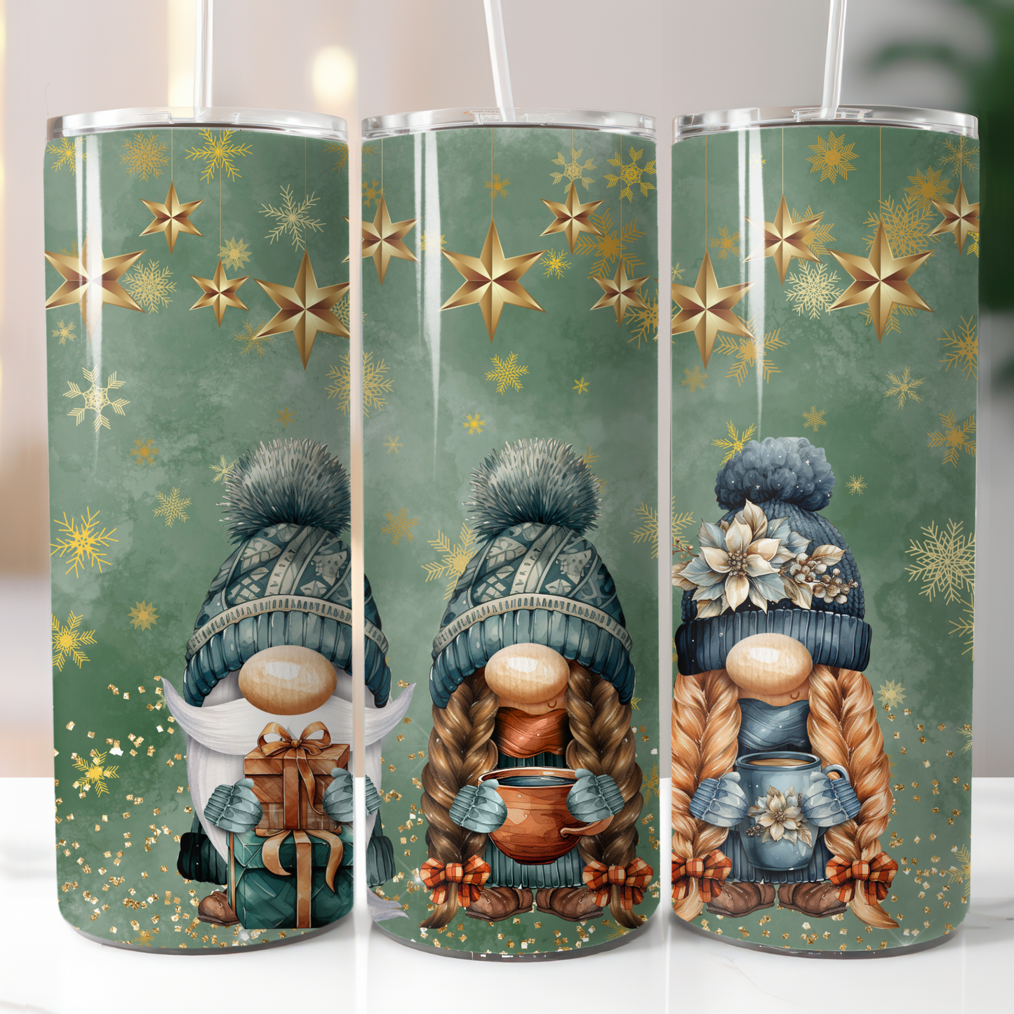 Christmas Gnomes Gold Snowflakes, Sublimation, Ready To Press, Print Out Transfer, 20 oz, Skinny Tumbler Transfer, NOT A DIGITAL