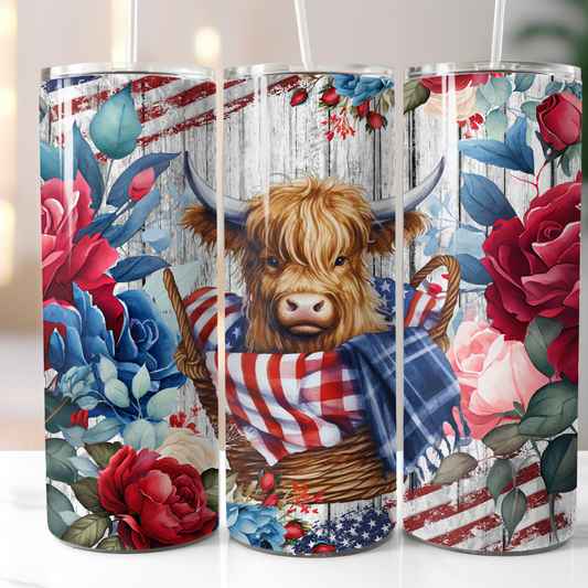 Patriotic Highland Cow, Sublimation, Ready To Press, Print Out Transfer, 20 oz, Skinny Tumbler Transfer, NOT A DIGITAL