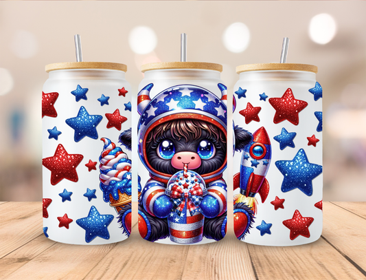 Astronaut Highland Cow July 4th Libbey Glass Transfer