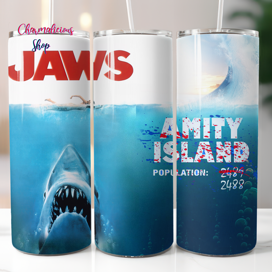 Jaws, Sublimation, Ready to Print, Ready To Press, Print Out Transfer, 20 oz, Skinny Tumbler Transfer, NOT A DIGITAL