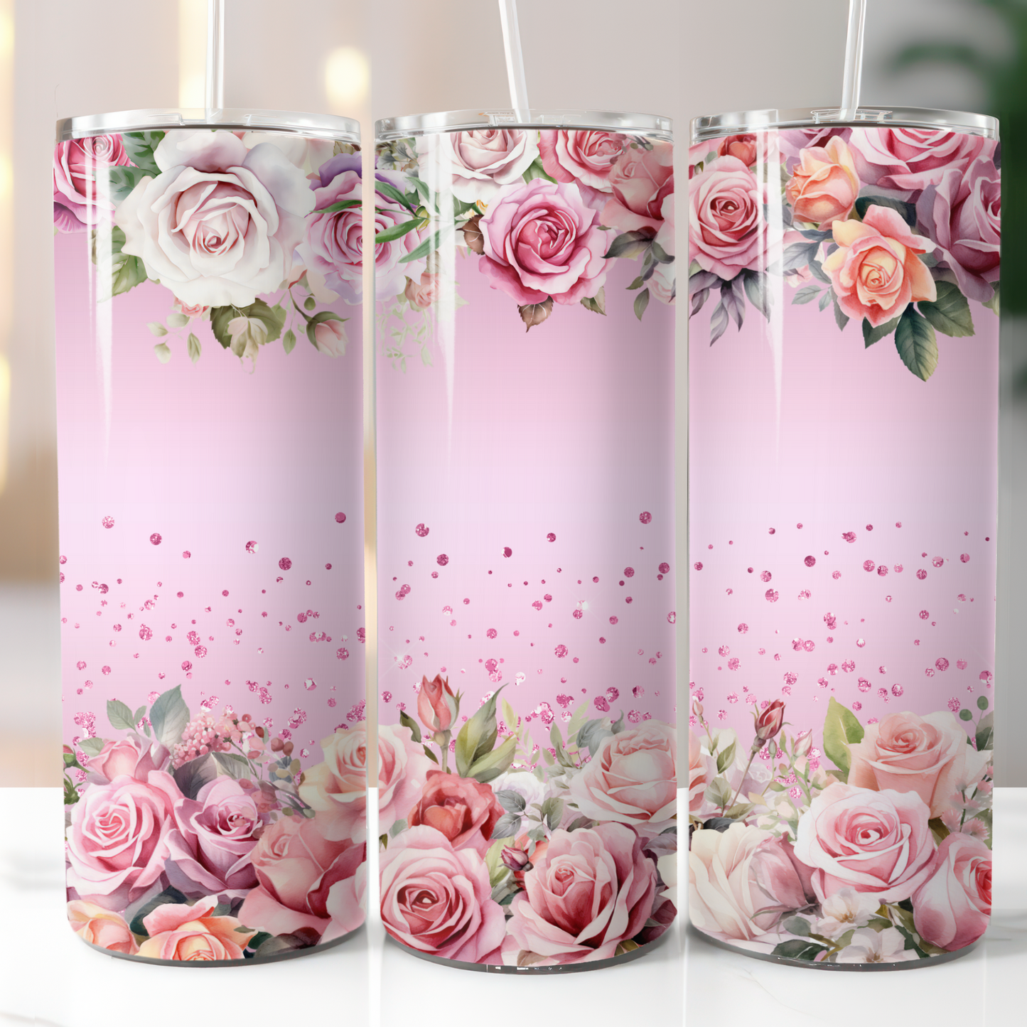 Pink Glitter Flowers, Sublimation, Ready to Print, Ready To Press, Print Out Transfer, 20 oz, Skinny Tumbler Transfer, NOT A DIGITAL