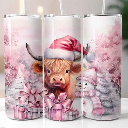 Pink Christmas Highland Cow, Sublimation Prints