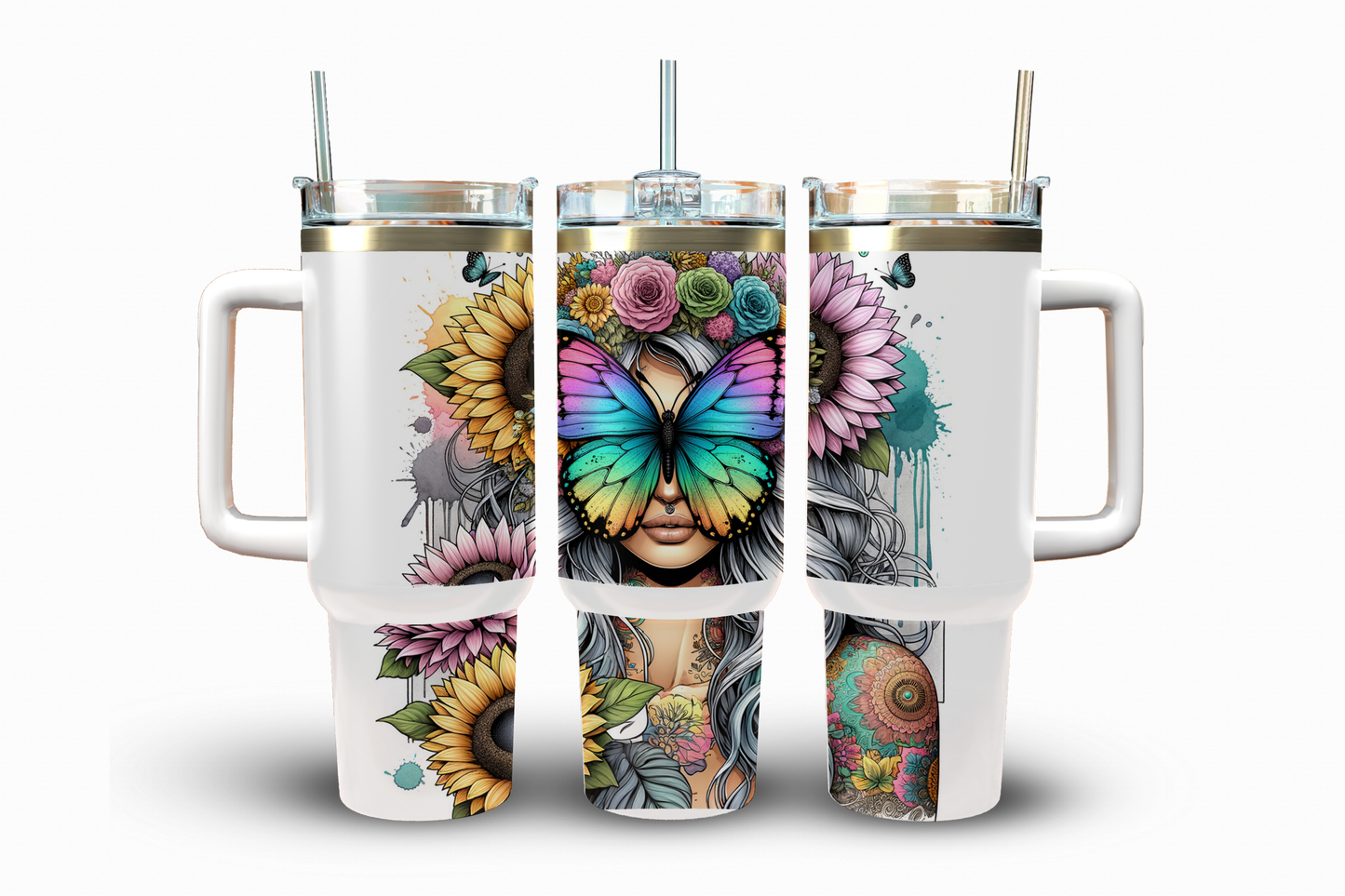 Boho Woman Rainbow Butterfly Sublimation Transfer, 40 oz.
