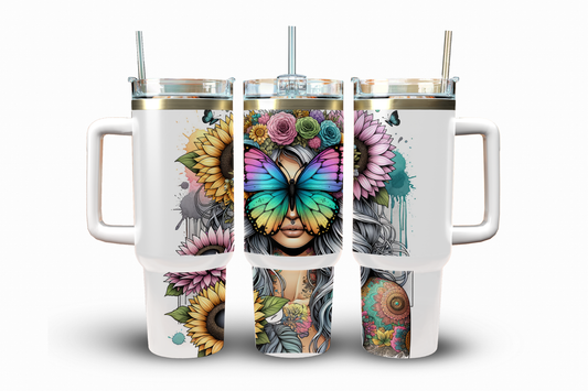 Boho Woman Rainbow Butterfly Sublimation Transfer, 40 oz.