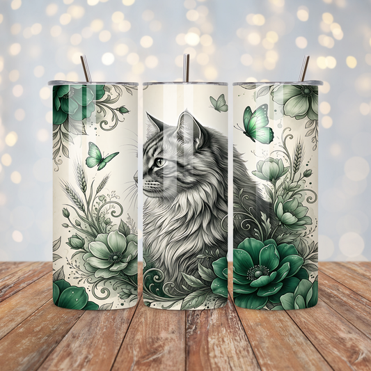 Black and White Cat Green Flowers Sublimation Transfer