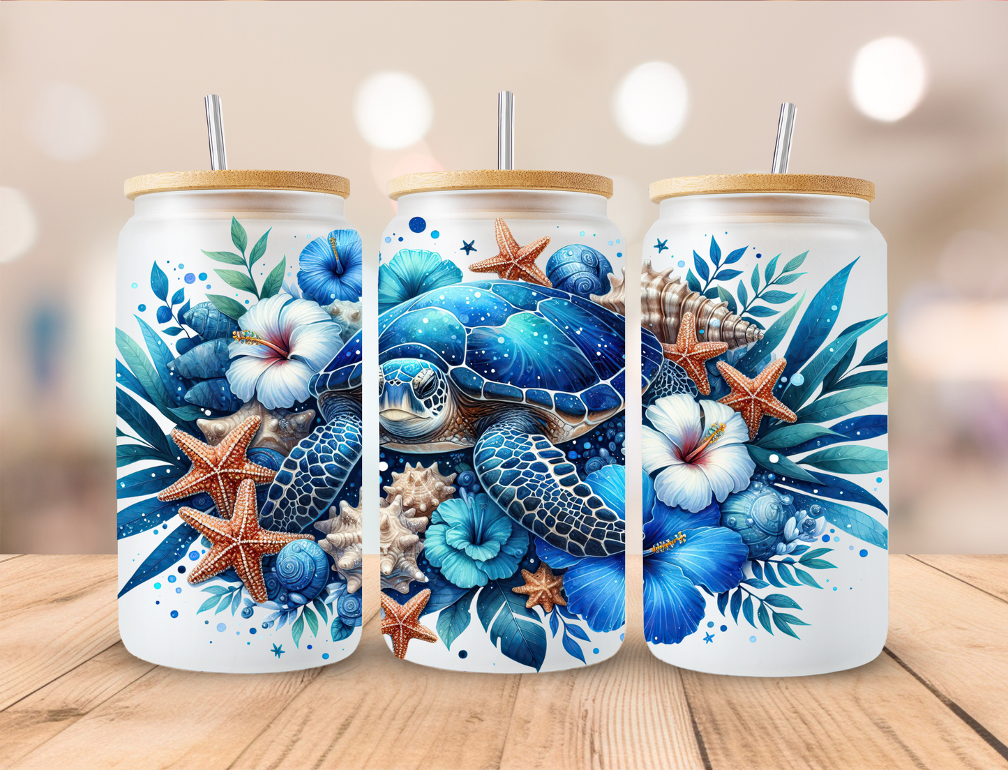 Sea Turtle Blue Floral Libbey Glass Transfer