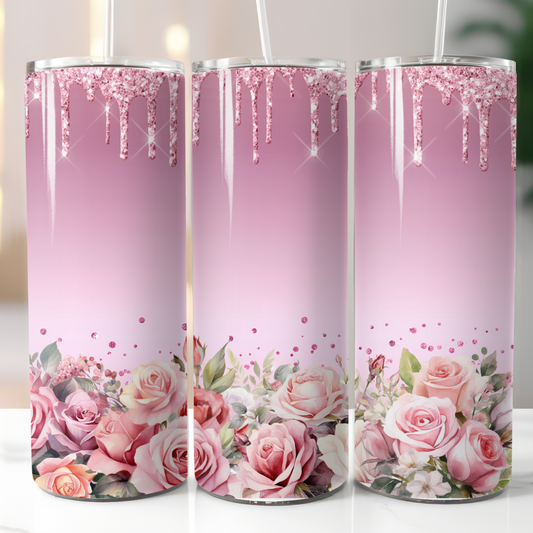 Pink Glitter Flowers, Sublimation, Ready to Print, Ready To Press, Print Out Transfer, 20 oz, Skinny Tumbler Transfer, NOT A DIGITAL