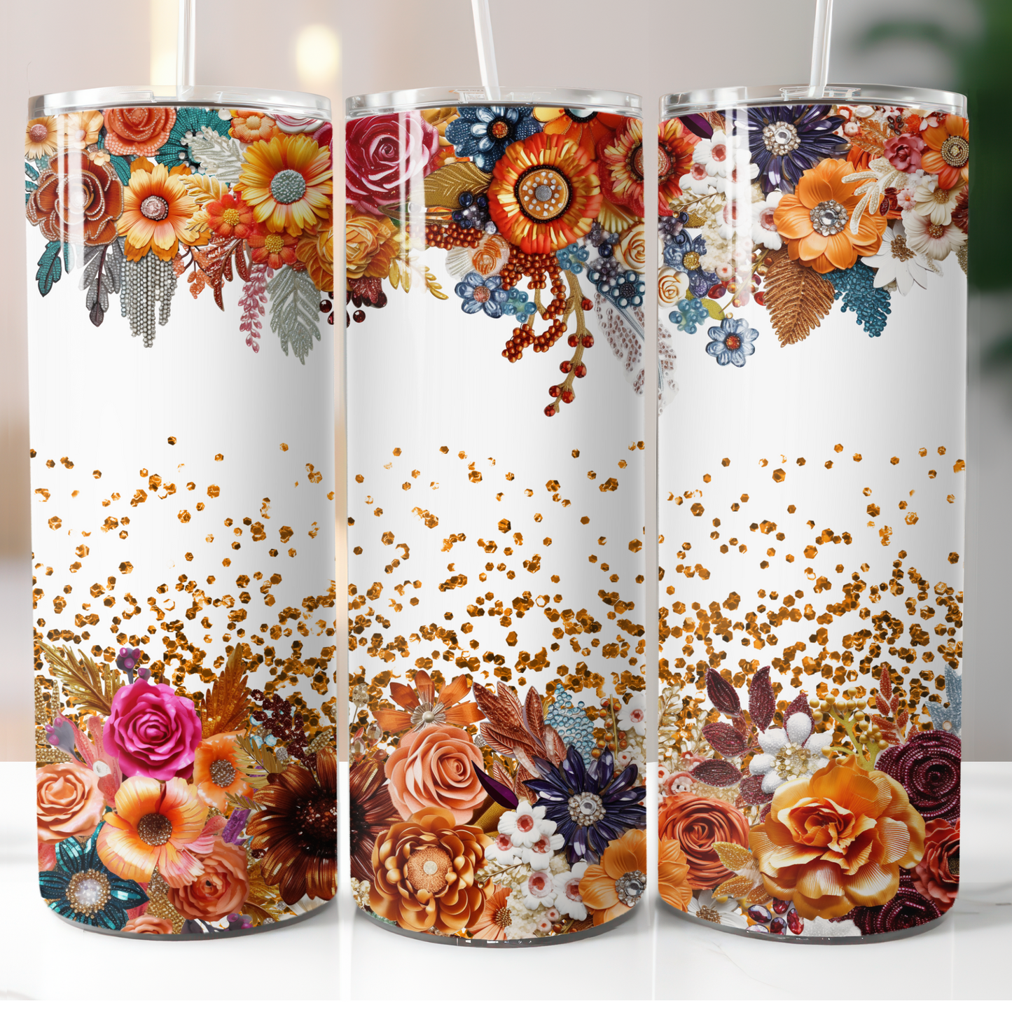 Fall Glitter Flowers, Sublimation, Ready to Print, Ready To Press, Print Out Transfer, 20 oz, Skinny Tumbler Transfer, NOT A DIGITAL