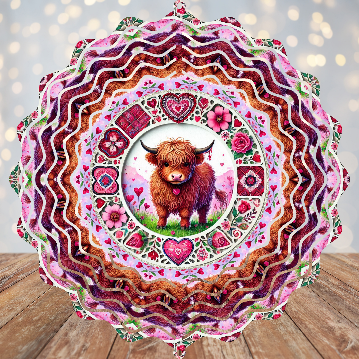 Valentine Highland Cow Wind Spinner