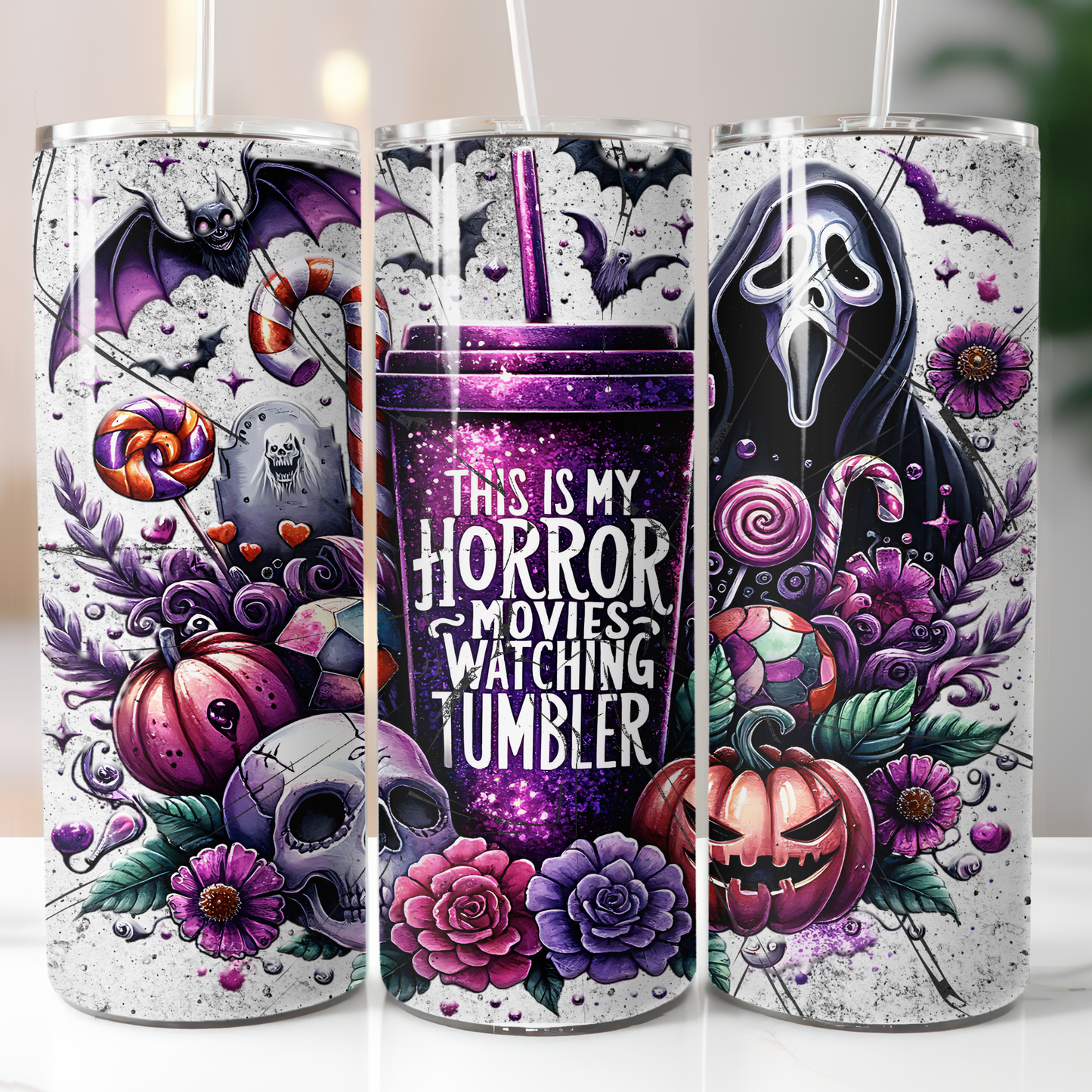 Horror Watching Movies Tumbler, Sublimation Transfer