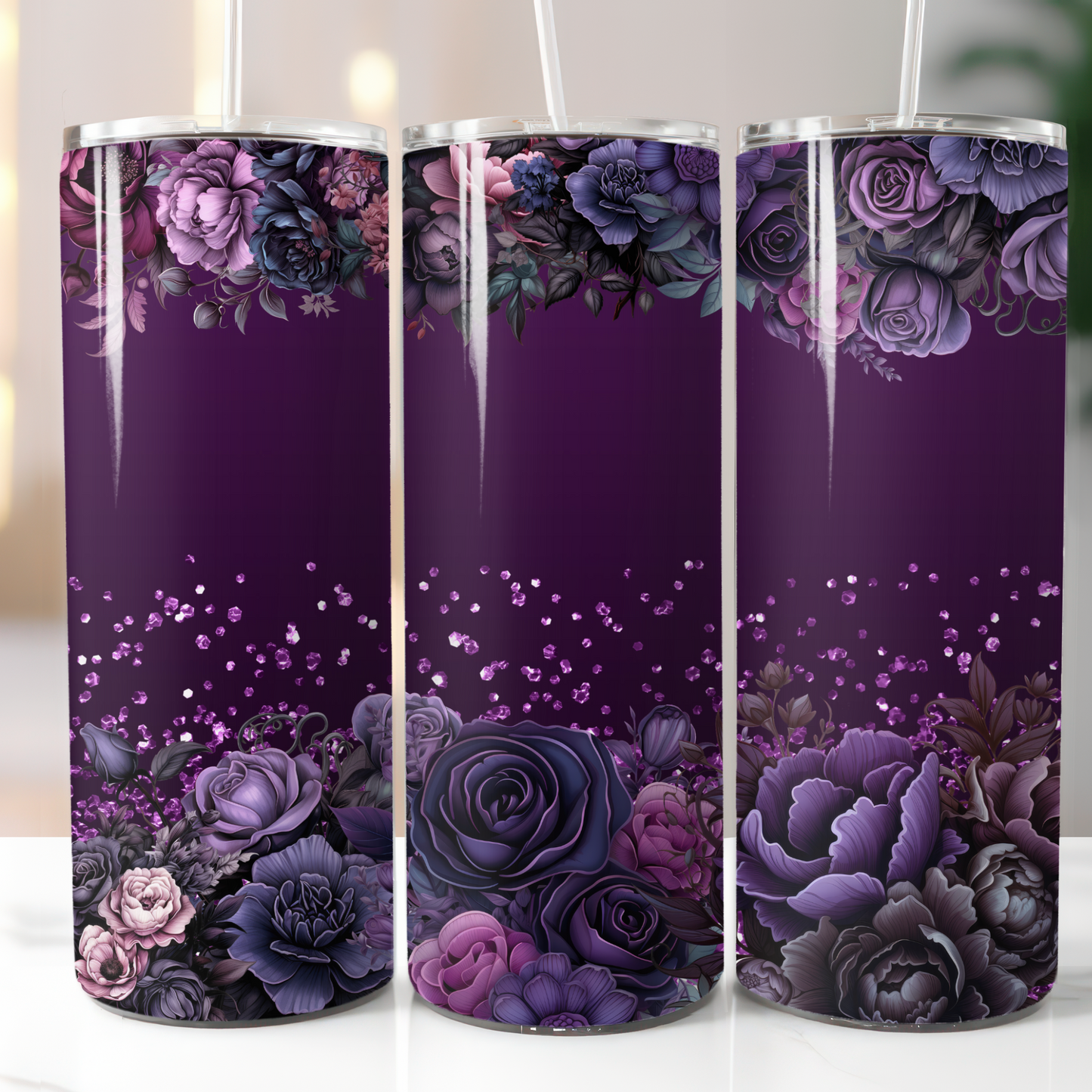 Purple Black Glitter Flowers, Sublimation, Ready to Print, Ready To Press, Print Out Transfer, 20 oz, Skinny Tumbler Transfer, NOT A DIGITAL