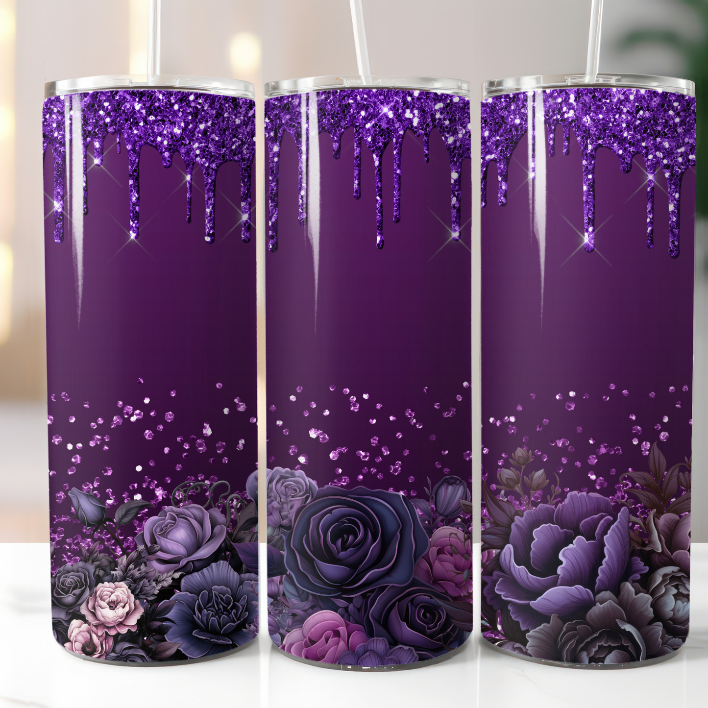 Purple Black Glitter Flowers, Sublimation, Ready to Print, Ready To Press, Print Out Transfer, 20 oz, Skinny Tumbler Transfer, NOT A DIGITAL