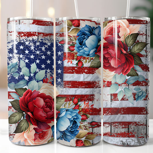 Floral American Flag, Sublimation, Ready to Print, Ready To Press, Print Out Transfer, 20 oz, Skinny Tumbler Transfer, NOT A DIGITAL