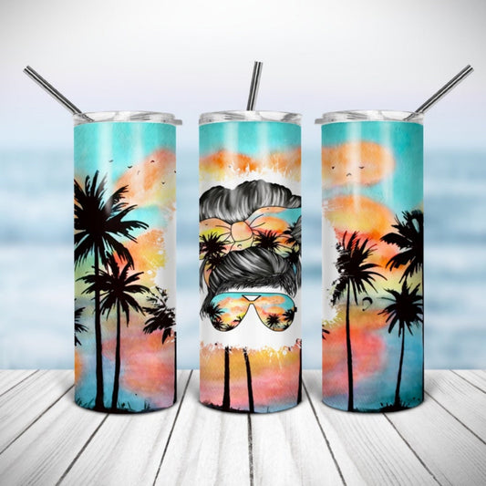 Messy Mom Bun Tropical Sublimation, Sublimation, Ready To Press, Print Out Transfer, 20 oz, Skinny Tumbler Transfer, NOT A DIGITAL