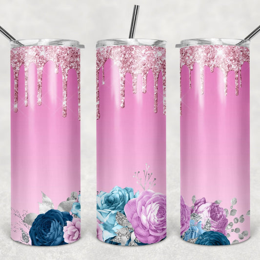 Pink, Glitter, Flower Sublimation, Ready to Print, Ready To Press, Print Out Transfer, 20 oz, Skinny Tumbler Transfer, NOT A DIGITAL