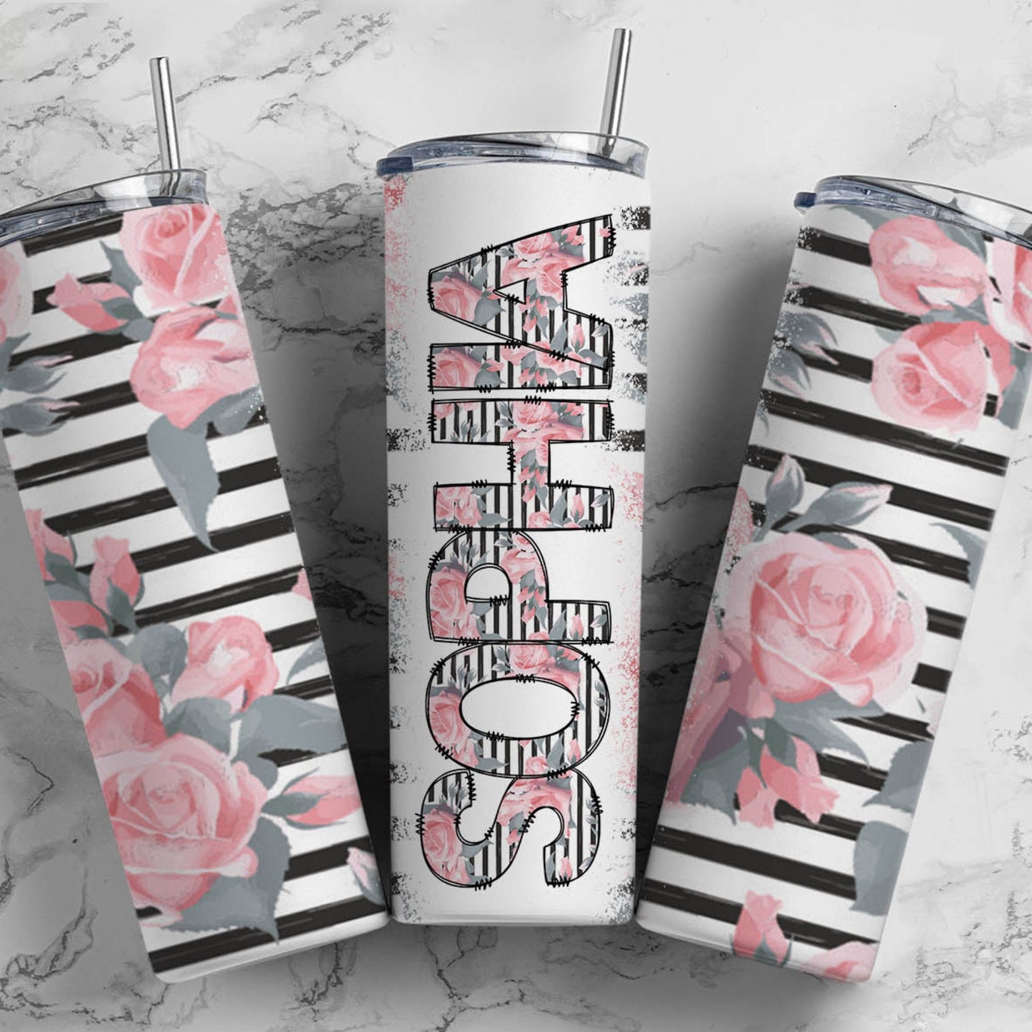 Floral Stripes Black & White, Sublimation, Ready to Print, Ready To Press, Print Out Transfer, 20 oz, Skinny Tumbler Transfer, NOT A DIGITAL