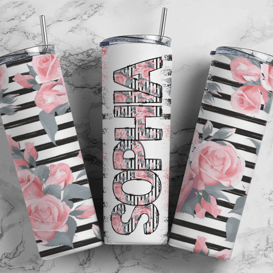 Floral Stripes Black & White, Sublimation, Ready to Print, Ready To Press, Print Out Transfer, 20 oz, Skinny Tumbler Transfer, NOT A DIGITAL