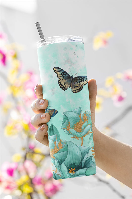 Teal Flower Butterflies, Sublimation, Ready To Press, Print Out Transfer, 20 oz, Skinny Tumbler Transfer, NOT A DIGITAL