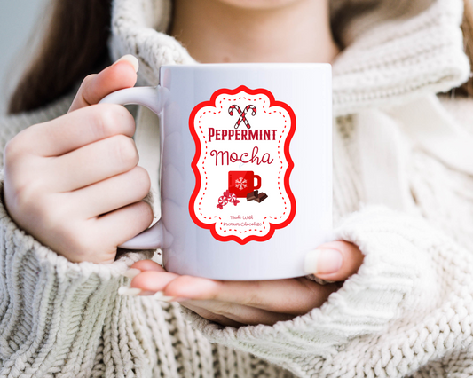 Peppermint Mocha Mug, Sublimation, Ready To Press, Print Out Transfer, 11 oz. 12 oz. 15 oz. NOT A DIGITAL Cost 3.25 for 4 designs on one sheet